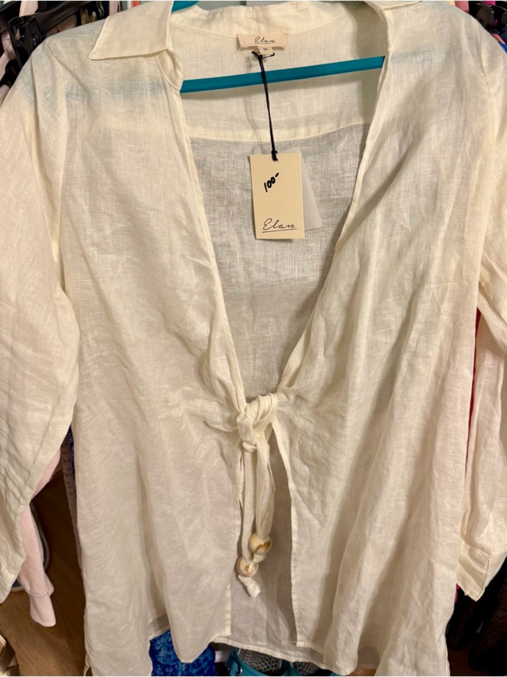 Elan Cream Linen Tie-Front Blouse